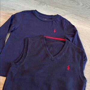 Ralph Lauren long sleeve cotton tee and v neck vest 24 months navy with red logo